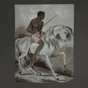 Drawing Of A Black Rider On A White Horse By Forgeoux, 19th Century
