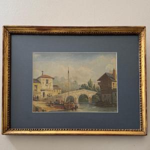Watercolor On Paper Boat Anchored Near A Bridge 19th Century Gilded Frame