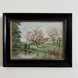 Oil On Panel 20th Century Watercourse Trees In Bloom Blackened Wooden Frame