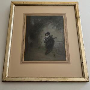 19th Century Watercolor On Paper Depicting A Troubadour In A Gilded Frame