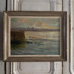 Oil On Hardboard Beachfront With Fishermen On Foot 1958 By Rp