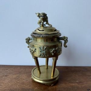 Indochina Bronze Incense Burner With Fo Dog Decoration, Tripod Base