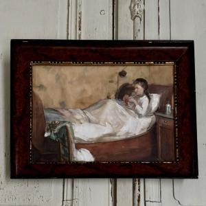 Watercolor On Paper Of A Young Girl Lying On A Bed, Late 19th Century
