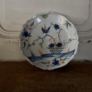18th Century La Rochelle Earthenware Plate With Basket And Bird Decoration