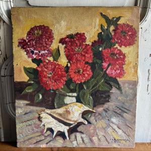Oil On Panel Still Life With Flowers By A. Le Cudennec 1955