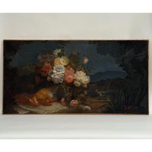 Oil On Canvas By Devaux Still Life With Hare And Flowers 1873
