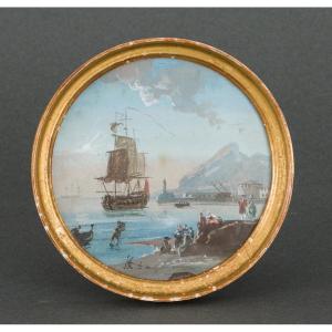 Miniature Galleon And Harbor Scene In Gilded Wood Frame
