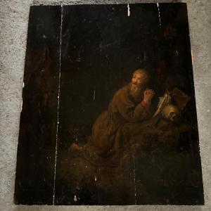 Scene In The Style Of Gerrit Dou 17th Century Hermit With Vanity Oil Panel