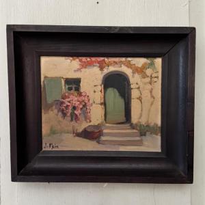 Oil On Panel By Jeanne Prin, Facade Of A Flowered House