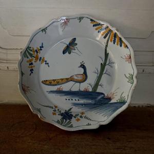 18th Century La Rochelle Earthenware Plate With Peacock And Butterfly Decoration