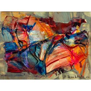 Oil Gouache Abstract Composition By Jacques Buchholz On Paper 1962