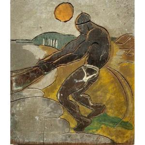 African Fisherman Pulling His Canoe By The Tip 1930 Polychrome Woodcut 