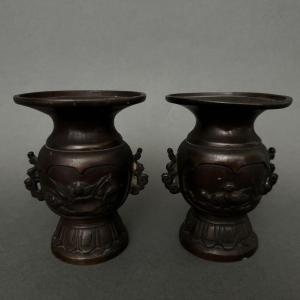 Pair Of Bronze Vases From Japan, 19th Century, Brown Patina