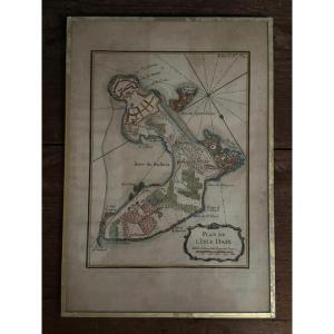Color Engraving Under Glass, Plan Of Isle Daix, 18th Century