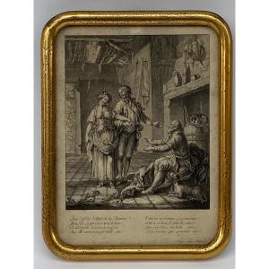 18th Century Engraving In Paris At Martinet, Interior Scene, Gilded Frame