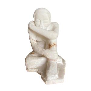Direct Carving Sculpture In Onyx Stone, Kneeling Woman, 20th Century
