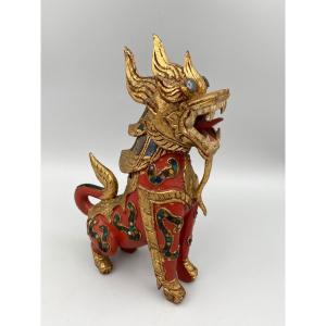 Chinese Wooden Dragon With Red Patina And Gold Leaf 20th Century