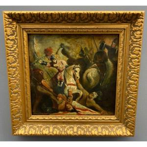 Oil On Panel Red Initials Wp Battle Scene
