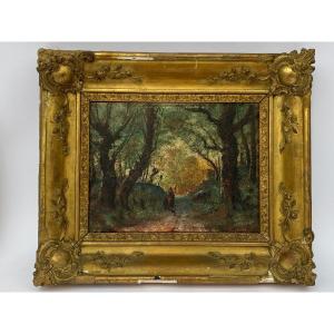 Oil On Panel Barbizon Late 19th Century Woman With Child Path Undergrowth