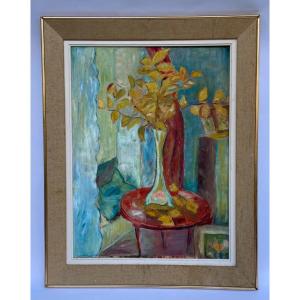 Oil On Cardboard Still Life With Flowers 1950 Unsigned