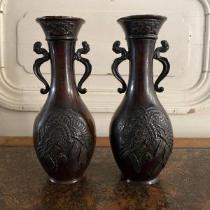 Pair Of Japanese Bronze Vases With Brown Patina