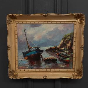 Oil On Canvas Fishing Boats 1950 By Y. Morin