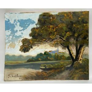 Oil On Canvas By J. Hatetuy, Landscape Scene Of Fishermen, 20th Century