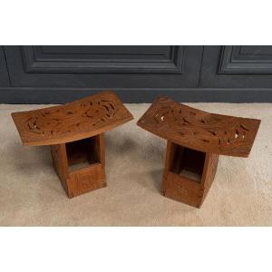 Pair Of Oriental Stools In Openwork Carved Wood, 20th Century