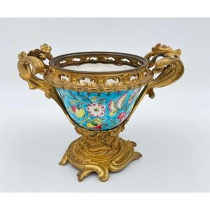 Chinese Enamel Cup, 19th Century, Mounted On Louis XV Gilt Bronze