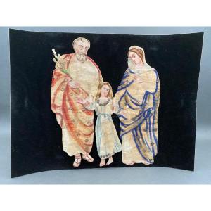Religious Subject Painted Fabric Representing The Holy Family 19th Century