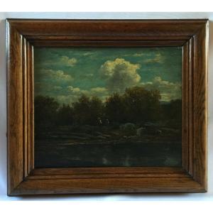 Oil On Wood Panel By Henri Chevallier 1878 Barbizon Scene
