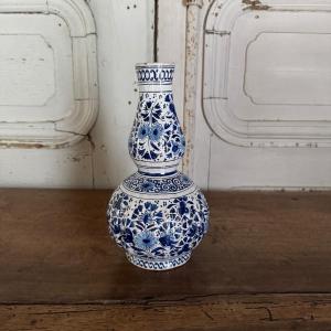 18th Century Delft Earthenware Gourd Vase With Floral Decoration