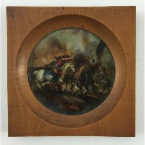 Miniature Under Glass Battle Scene Horses 19th Century Wooden Frame