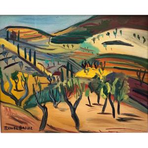 Marcel Basler Oil On Canvas Abstract Landscape 1955 Whitewashed Frame Dedication