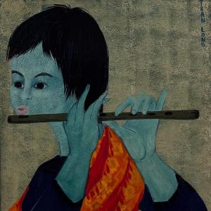 Acrylic On Paper Flute Player By Tran Long 20th Century