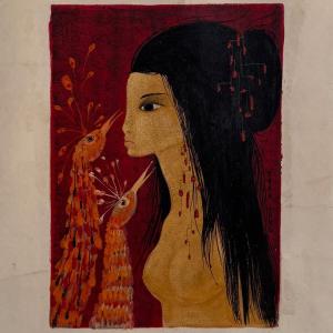 Acrylic On Paper Young Naked Girl With Peacock Heads By Tran Long 20th Century