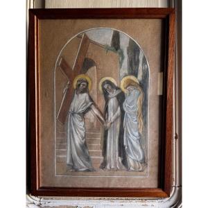 Watercolor On Paper, Early 20th Century, After The Stations Of The Cross In Vertou