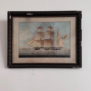 Watercolor On Paper Depicting A 19th Century French Three-masted Ship By Th. Cochard