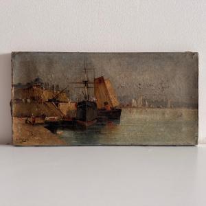 Oil On Canvas Depicting A Boat At The Quayside In The Late 19th Century By H. Hapeyre