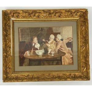 Watercolor By Leray Or Lerat Interior Of A Tavern, Men From The 18th Century