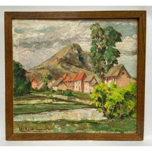 Oil On Cardboard By Jules Claude Randriamampita (1913-1968) Mountain