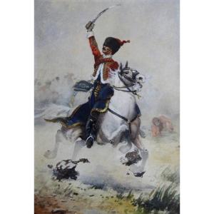 Watercolor Painting Of A Hussar From The War Of 1870 By Charles Gare, 1908