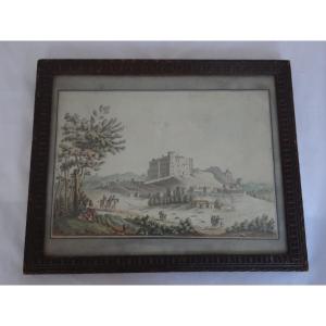 Watercolor On Paper, Early 18th Century, Romantic Scene With Landscape, Wooden Frame