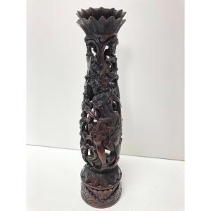 Ironwood Candlestick, 19th Century, China, Indochina, Decorated With Figures