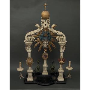19th-century Masonic Altar In Polychrome Carved Wood