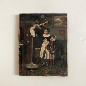 Oil On Canvas, Interior Scene, Young Children With A Parrot, 19th Century
