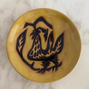 Terracotta Plate By Jean Lurçat Decorated With A Rooster On A Yellow Background