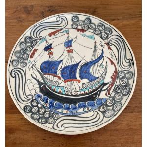 Iznik Platter With Caravel Decoration And Monogram Cb XXe