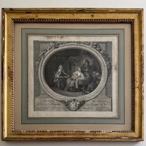 18th-century Engraving, "the Happiness Of The Household," After Launay, Beaded Frame