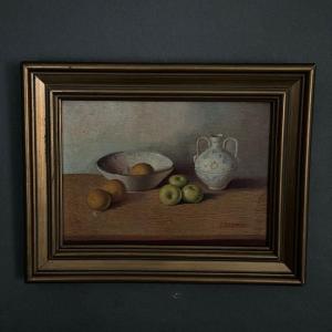 Oil On Panel, Still Life With Fruit And An Earthenware Jug, 20th Century